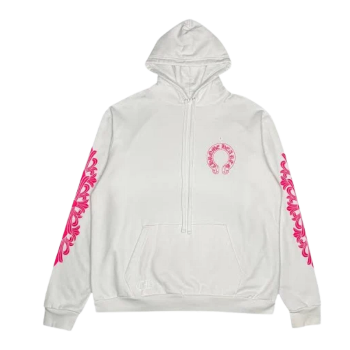 Chrome Hearts Pink Horseshoe Floral Sleeve Pullover Hoodie White