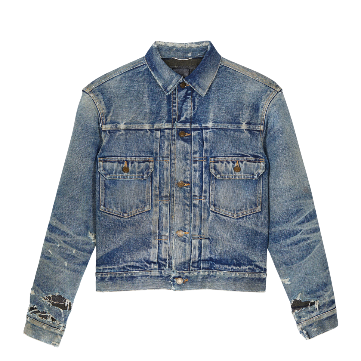 SAINT LAURENT destroyed jacket in '70s blue trash denim