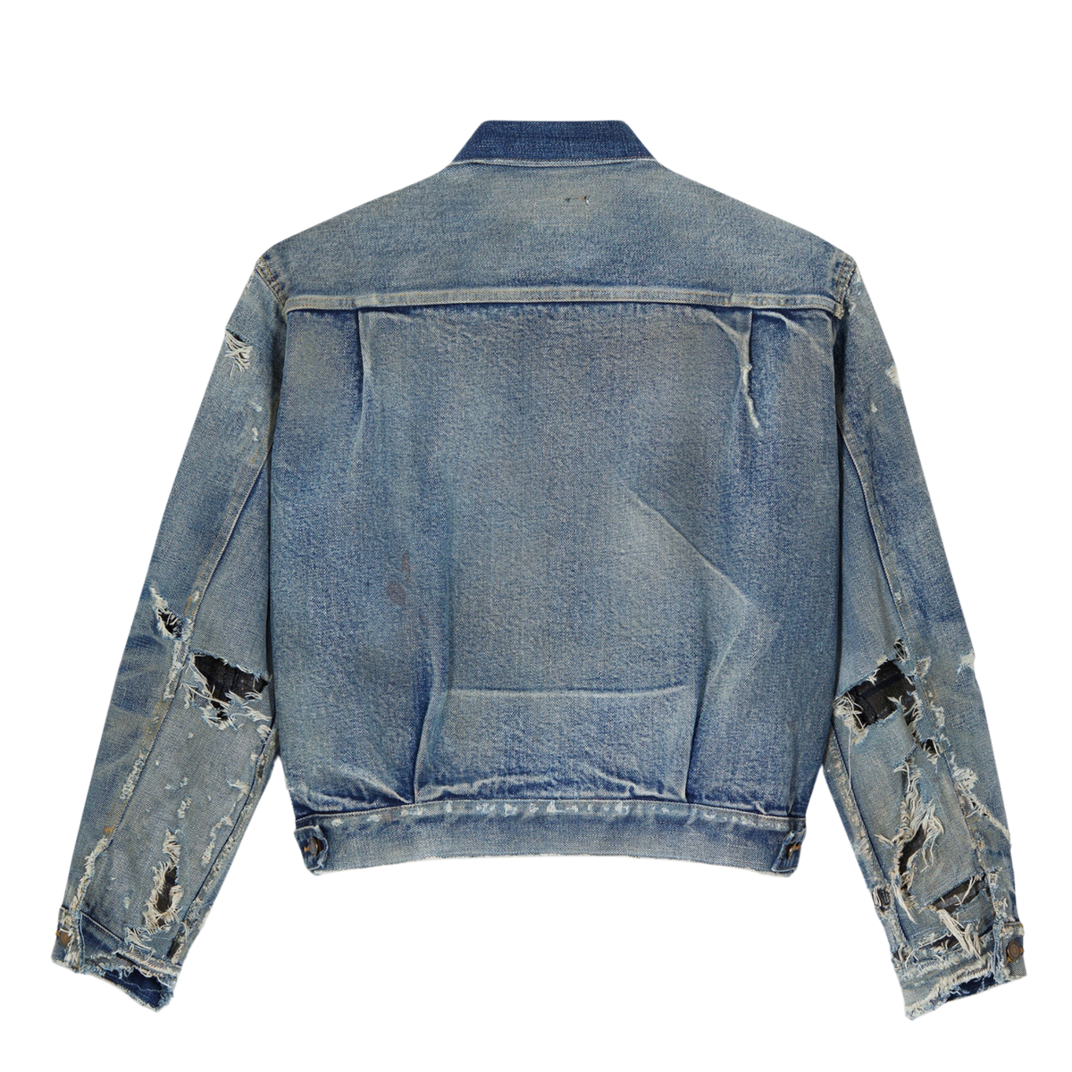 SAINT LAURENT destroyed jacket in '70s blue trash denim